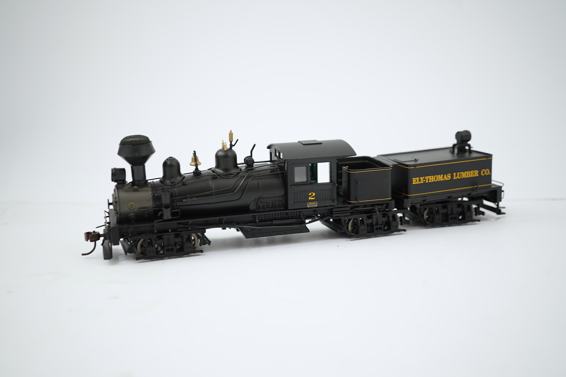 A boxed HO gauge Spectrum by Bachmann (84703) model of Ely-Thomas Lumber Co., 80-ton Three-Truck Shay, 2, tender locomotive, powered for two rail operation.